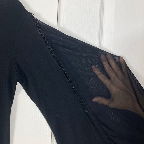 Vintage CASTING Paris Top~M~L FRANCE Y2K Black Bell-Flare-Sl Sheer-Panel Crochet - Picture 4 of 7